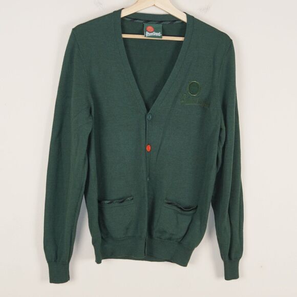 Pilsner Urquell 100% Wool Green Elbow Patch Cardigan Sweater Unisex Sz M - Picture 1 of 13